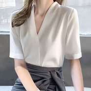哈魯迪無(wú)領(lǐng)白襯衫女抗皺工作服上衣秋裝高級感夏季雪紡v領(lǐng)職業(yè)長(cháng)袖襯衣 白色短袖款 M （90-110斤）