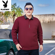 花花公子秋季新款大碼男士翻領(lǐng)長(cháng)袖t恤胖子薄款純棉肥佬加肥加大POLO衫潮 酒紅C87 5XL -230-250斤