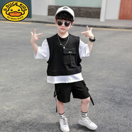 G.DUCKKIDS男童短袖套裝寶寶薄款夏季新款假兩件短袖T恤+五分短褲洋氣帥套裝 黑色【夏季大兜套裝】 110 cm