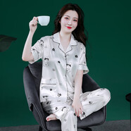 維多利亞的格調睡衣女夏季薄款短袖仿真絲絲套裝甜美性感冰絲春秋款長(cháng)褲可外出家 SC-短長(cháng)女款純色藏青 XL (121-135斤)