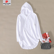 皮爾卡丹（pierre cardin） 連帽長袖弧形下擺中長款白色t恤女絲光棉寬松打底衫遮臀 白色 S
