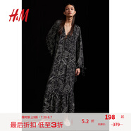 H&M女裝連衣裙夏季V領(lǐng)寬松法式休閑抽繩設(shè)計(jì)植物印花長(zhǎng)裙1225331 黑色/花卉 165/96 M
