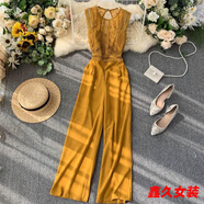 美安嘉連體褲女新款OL女裝心機(jī)鏤空露背無袖蕾絲拼接收腰顯瘦闊腿褲 黃色 均碼