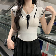 以純YISHION學(xué)院風(fēng)撞色系帶翻領(lǐng)飛飛袖軟糯針織衫女夏季新款修身顯瘦短款上衣 白色 S