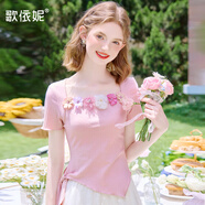歌依妮夏季新款女裝甜美粉色方領(lǐng)收腰綁帶花朵短袖T恤衫上衣體恤 粉紅色 S