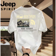 吉普（JEEP）t恤短袖男士夏季新款寬松重磅圓領(lǐng)純.棉痞帥上衣休閑運(yùn)動(dòng)體恤 A37-白-山峰黑/左后 2XL