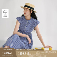 茵曼法式立領格子連衣裙2025夏季女裝新款純棉可調腰帶大擺長裙 藍白格色 XL