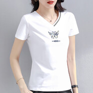 幻黛（HUANDAI）短袖t恤女夏季女裝新款年打底衫品牌純色女士短袖繡花V領(lǐng)t恤 白色 XL 【建議110-120斤】