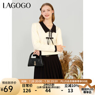 lagogo軟糯蝴蝶結(jié)紐扣毛針織衫女拉谷谷冬季新款甜美學(xué)院風(fēng)上衣 白黑(VW) S 155/36