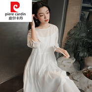 皮爾卡丹（pierre cardin）女裝25夏季新款半袖圓領(lǐng)連衣裙支棉高腰顯瘦質(zhì)感長(cháng)裙針織 純凈白 M 【建議85-105】