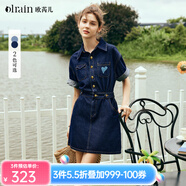 Olrain歐芮兒法式牛仔連衣裙女夏新款復(fù)古收腰小個子愛心刺繡裙子 牛仔藍(lán) L