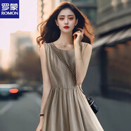 羅蒙（ROMON）高端輕奢2025連衣裙圓領(lǐng)套頭X型無(wú)袖純色夏季淑女簡(jiǎn)約顯瘦連衣裙 卡其色 S 【建議95斤以下】
