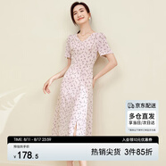 尚都比拉夏季V領(lǐng)碎花連衣裙中長(cháng)款收腰顯瘦氣質(zhì)印花裙子 粉底花色 XL 