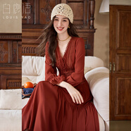 白鹿語(yǔ)優(yōu)雅V領(lǐng)蕾絲花邊連衣裙2025秋季新款拼接系帶氣質(zhì)長(zhǎng)裙 焦糖紅 S