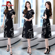 皮爾卡丹（pierre cardin）2025夏季氣質(zhì)收腰優(yōu)雅迷人性感時尚舒適感性小圓領(lǐng)個性短袖圓領(lǐng) 黑音符花 M