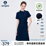 Navigare意大利小帆船短袖連衣裙女士夏季棉質(zhì)斜領(lǐng)裙子時尚顯瘦半袖a字裙 海軍藍(lán) M 碼