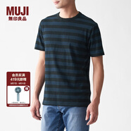 無(wú)印良品 MUJI 男式 粗細(xì)不均棉線 天竺編織 條紋短袖T恤 ABB04A0S 深海軍藍(lán)X圖案 XS