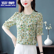 羅蒙（ROMON）真絲襯衫上衣女夏季2023新款寬松碎花桑蠶絲短袖高檔上衣洋氣小衫 綠色花 1175# XL 116-125斤