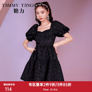 糖力【商場(chǎng)同款】春夏新款甜美泡泡袖方領(lǐng)露背燙鉆提花連衣裙女 黑色 XS