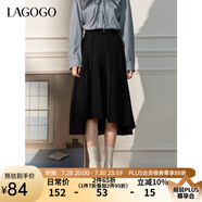 lagogo黑色A字高腰簡約半身裙女拉谷谷春季新款不規(guī)則下擺中長裙 黑色（W1） M 160/38