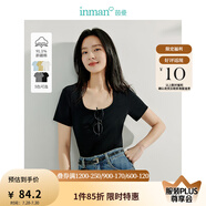 茵曼（INMAN）撞色羅紋棉女裝U領(lǐng)短袖T恤修身氣質(zhì)休閑通勤2025夏季新款短款上衣 黑色 -18518134 L