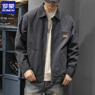 羅蒙純棉夾克男2025秋冬美式新款修身寬松休閑翻領(lǐng)痞帥上衣工裝外套男 深灰色 XL （合適體重145-160斤）
