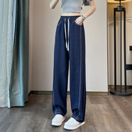 韓依索絲美式復(fù)古闊腿牛仔褲女寬松直筒高腰休閑長褲 深藍(lán)色長褲 S