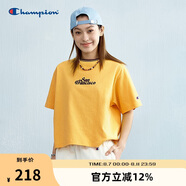 Champion冠軍短袖女新款拼接撞色美式復古風T恤潮牌寬松 黃色 M
