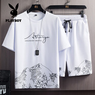 花花公子（PLAYBOY）運動(dòng)套裝男夏季半袖冰絲t恤短褲短袖速干大碼兩件套跑步短袖套裝 0815白色【上衣+褲子】 M