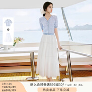 香影v領薄款針織衫女短袖2025夏裝新款藍色正肩t恤提花蝴蝶結上衣 套裝4 藍色毛衫＋半身裙套裝 S 155/80A/85-95斤