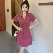 GOYN300斤大碼polo連衣裙女夏季設(shè)計(jì)感褶皺收腰a字裙胖MM顯瘦遮肉裙子 紅色 M 建議80-0斤