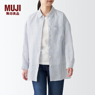 無(wú)印良品 MUJI 女式 亞麻 水洗寬版襯衫長(zhǎng)袖休閑百搭襯衫襯衣BCJ22C2S 藏青色條紋 XS-S