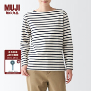 無印良品 MUJI 女式 粗棉線 天竺編織 一字領(lǐng)長袖T恤 BBD05A2S 原色條紋 XXL