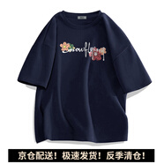 雪中飛 SNOW FLYING夏季女裝純棉T恤圓領(lǐng)百搭簡約印花舒適透氣短袖上衣寬松白色半袖 藏青色 343 2XL