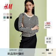 H&M女裝毛針織衫夏季慵懶風(fēng)圓領(lǐng)長(zhǎng)袖打底衫短款外套0579541 黑色/條紋 M 165/96