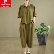 皮爾卡丹（pierre cardin）夏季新款印花文藝復(fù)古棉麻套裝翻領(lǐng)上衣休閑褲長褲亞麻褲 綠色 2XL