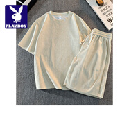 花花公子;PLAYBOY冰絲潮流套裝男2025新款休閑百搭舒適短袖短褲時(shí)尚簡(jiǎn)約帥氣兩件套 卡其 M 90-105斤