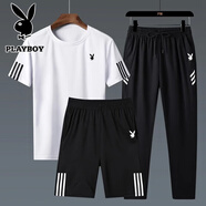 花花公子（PLAYBOY）【三件套】短袖T恤男半袖上衣短褲休閑三件套夏季新款商務(wù) 白色三件套 2XL (135斤-150斤)