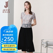 經(jīng)典故事（JANE STORY）經(jīng)典故事2025夏季新款V領(lǐng)拼按蕾絲裙修身通勤顯瘦短袖雪紡連衣裙 粉黑色A73 M