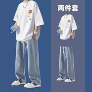 鹿同學(xué)港風(fēng)純棉短袖t恤套裝男士夏季痞帥男裝一套搭配牛仔褲休閑兩件套 白色純棉短T+淺藍(lán)色牛仔褲【兩件 S