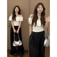 法式一字肩露鎖骨短袖t恤女夏季新款設計感小眾修身顯瘦短款上衣 白色 L