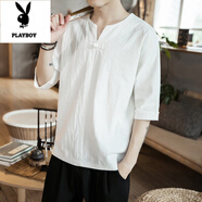 花花公子（PLAYBOY）國(guó)潮七分袖t恤男夏季短袖潮流中國(guó)風(fēng)男裝半袖上衣服潮牌男士體恤 白色【上衣】 M