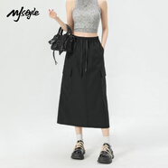 MJ STYLE工裝裙女2025新款純色高腰顯瘦a字中長(cháng)裙高腰百搭半身裙 黑色 S