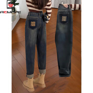 AEMAPE高腰加絨哈倫九分牛仔褲女2025春秋冬季寬松顯瘦復古老爹蘿卜褲子 復古藍 S 建議85-98斤