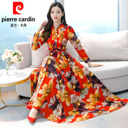 皮爾卡丹（pierre cardin）2025春秋新款長版過膝收腰顯瘦氣質雪紡碎花洋裝女流行大擺長裙 紅色 XL