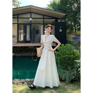 渝鼎福 白色連衣裙溫柔甜美風(fēng)蕾絲V領(lǐng)短袖女裝夏季收腰顯瘦A字裙子長(cháng)裙 V領(lǐng)短袖連衣裙 M 建議【90-100斤】