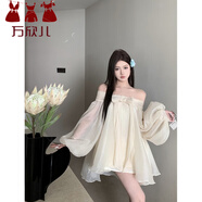 萬(wàn)欣兒法式蝴蝶結(jié)一字肩連衣裙女裝夏季氣質(zhì)溫柔露肩寬松泡泡袖網(wǎng)紗短裙 杏色 M 建議98-115斤