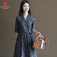 皮爾卡丹（pierre cardin）森系純棉印花V領(lǐng)裙復(fù)古寬松文藝碎花中長(zhǎng)款連衣裙田園溫柔女夏 藏藍(lán)底印花 L