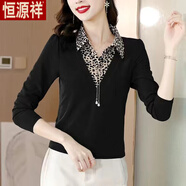 恒源祥新款洋氣T恤女士假兩件上衣長(cháng)袖媽媽秋裝高檔體恤小衫大碼打底衫 黑色-旗艦款 XL 建議110-125斤