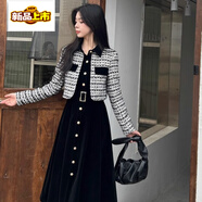 初徑2025新款假兩件連衣裙女裝秋冬季感甜美富家千金加厚絲絨裙子 黑色 M